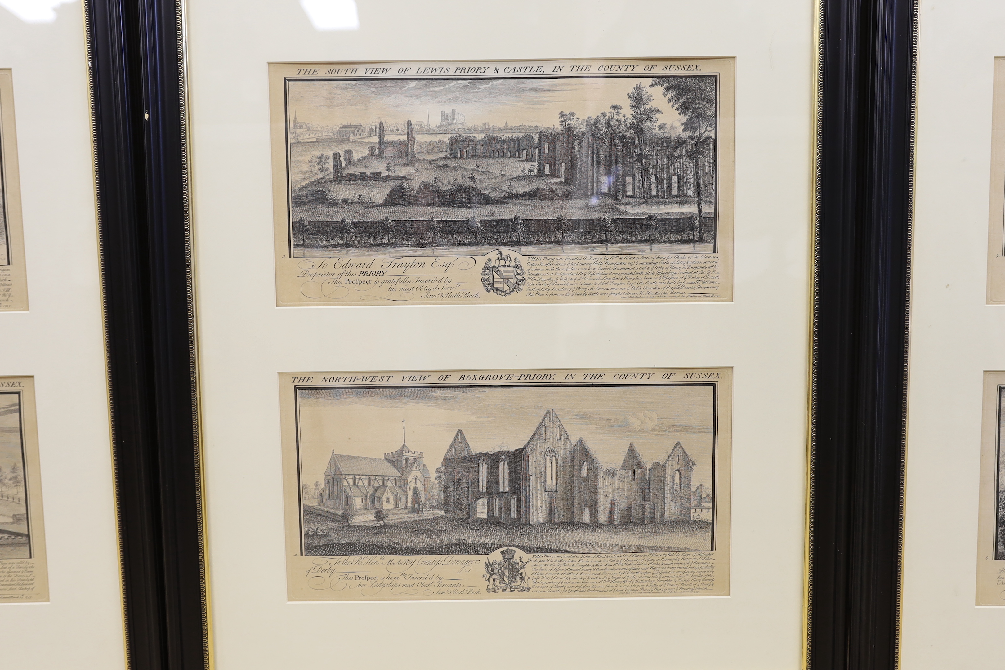 S & N. Buck. A set of twelve 18th century black and white engravings of Sussex Castles and Priories, including Pevensey Castle and Bodiam Castle, framed as three, 38 x 19cm